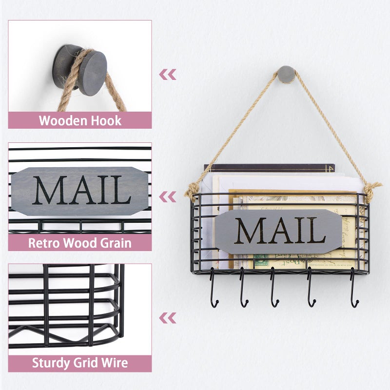 SRIWATANA Mail Holder Wall Mount, Mail Organizer Key Holder for Wall, Small Size, Weathered Grey - Image 3